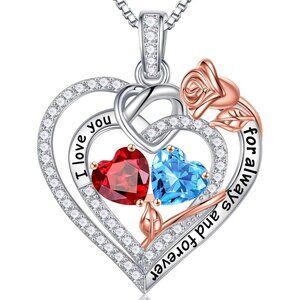 Sterling Silver Heart Necklace with Birthstones - Perfect Gift for Wife, Mom, Gi